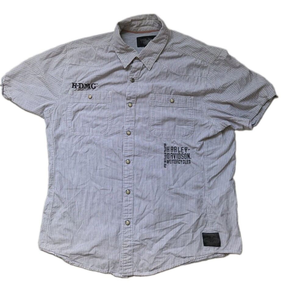 Harley-Davidson Gray Pinstripe Short Sleeve Snap Front Shirt Embroidered Mens L